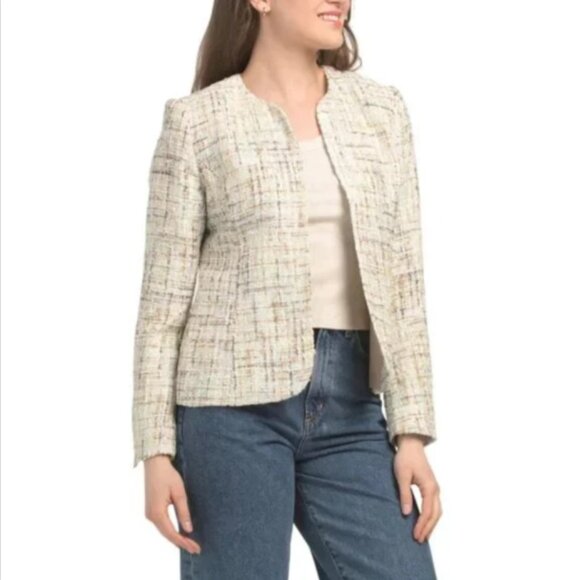 Anne Klein Jackets & Blazers - Anne Klein - Latte Lined Tweed Sequin Plaid Tulip Cut Slit Sleeve Blazer Size 12